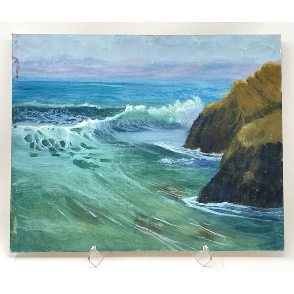 Vintage Unsigned Helene Miscovich Original Oil Painting Seascape Rocks 16x20” - Picture 1 of 6